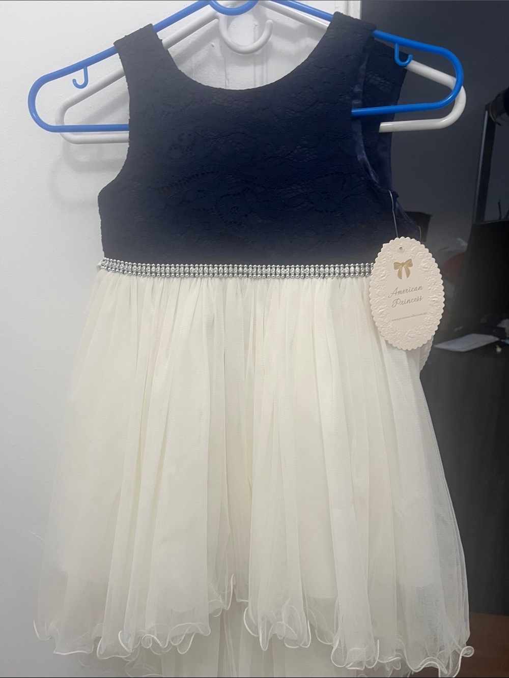 American Princess Navy & Ivory Tulle Party Dress with Rhinestone Waist
